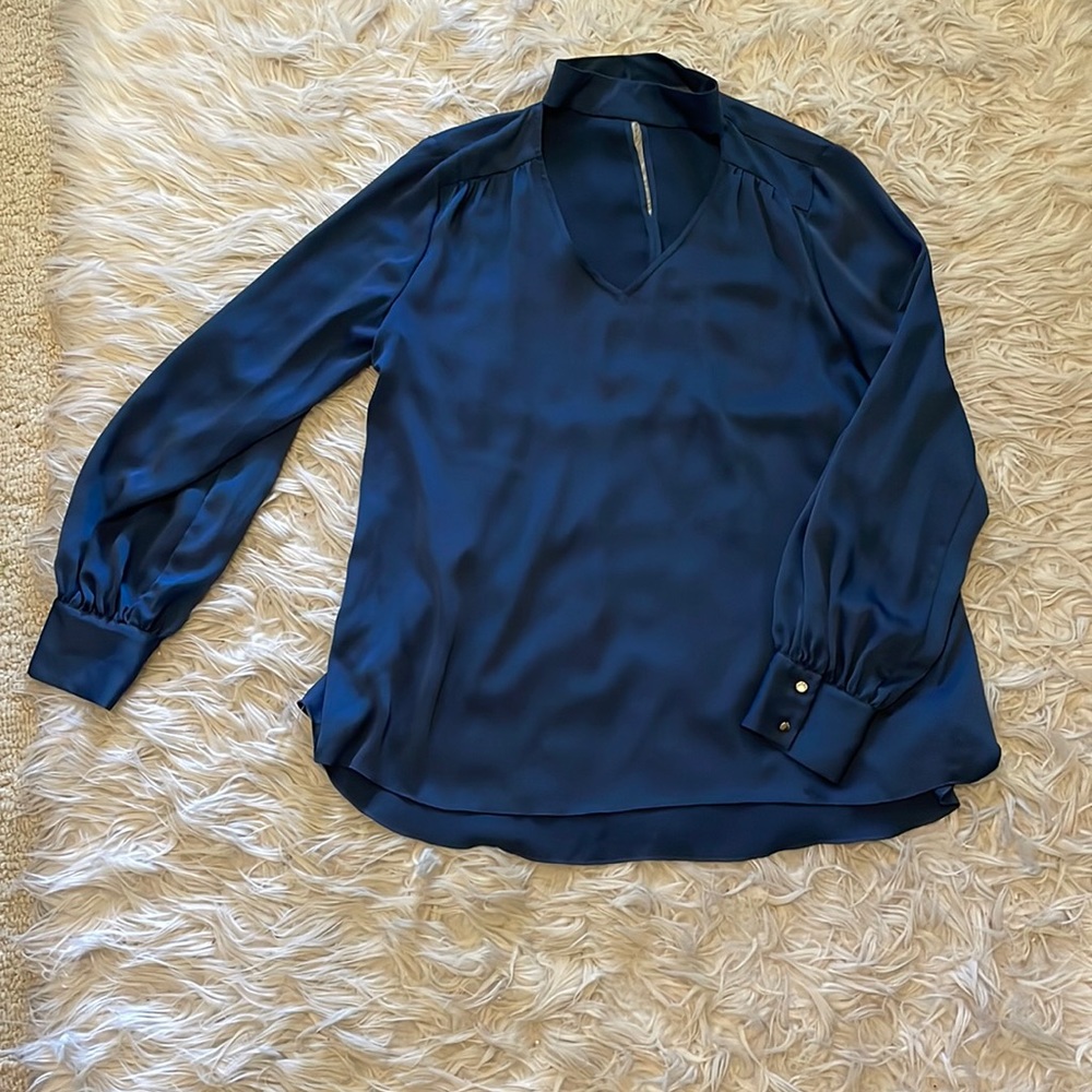Navy Long Sleeve V Neck Blouse